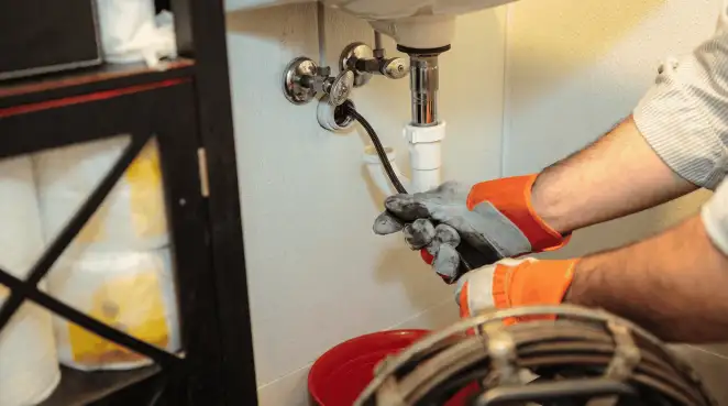 Drain cleaning technician using a motorized plumbing snake to clear a clogged sink pipe in Sacramento, CA